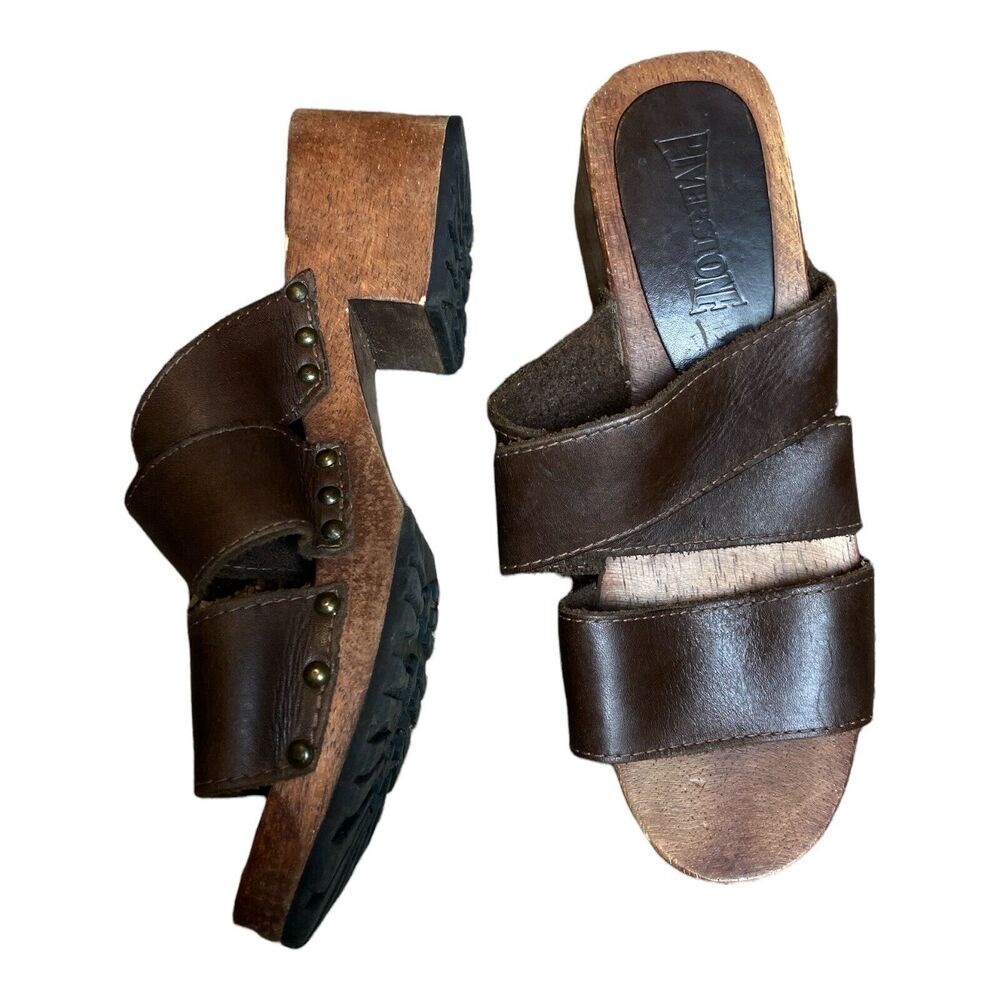 Riverstone Wood Studded 70's Sandals Heels‎ Chunky Shoes Size 7